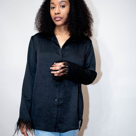 Faux Feather Trim Sleeve Top - Picture 1 of 5